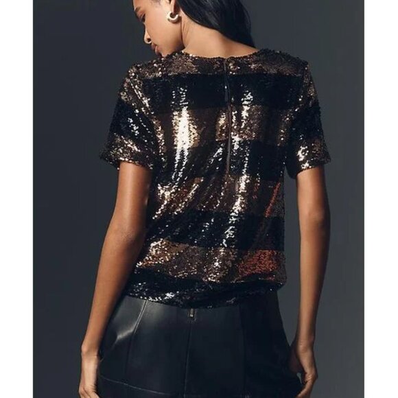 Anthropologie Maeve Short Sleeve Striped Sequin Top Blouse Size L NWT - Picture 3 of 13